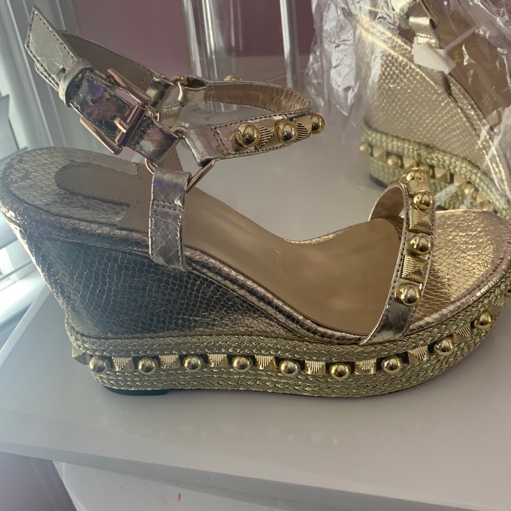 Red bottom gold wedge sandals size 39 (fits like 8.5)